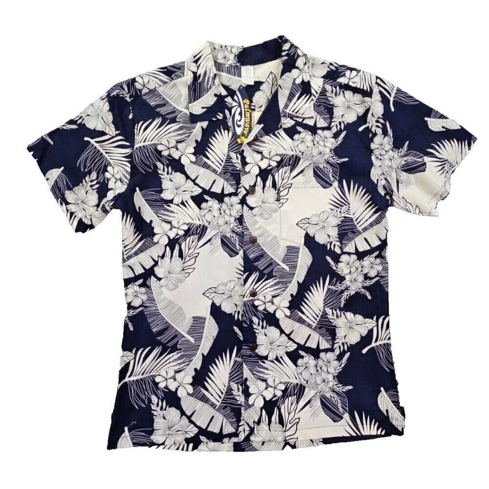Palmwave Hawaiian Shirt Men's Large Navy White Floral NWT Old Money Quiet Luxury